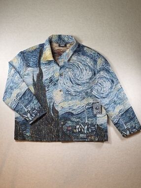Super Massive Starry Night Art Textured  Button Front Jacket - Blue & Cream XXL